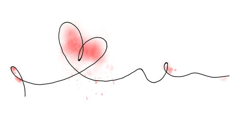 Hand drawn heart with black outline and watercolor red stain isolated on white background.