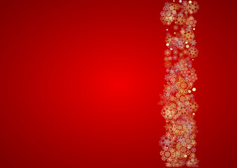 Christmas snow on red background. Glitter frame for winter banners, gift coupon, voucher, ads, party event. Santa Claus colors with golden Christmas snow. Horizontal falling snowflakes for holiday