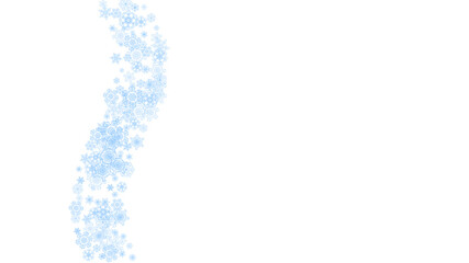 Winter frame with blue snowflakes for Christmas and New Year celebration. Horizontal winter frame on white background for banners, gift coupons, vouchers, ads, party events. Falling frosty snow.