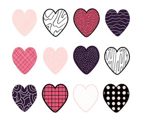 Set of 12 hearts of different patterns on the day of lovers or wedding. Multicolored, stylish elements for the design of cards, invitations, posters, advertising. Vector illustration.