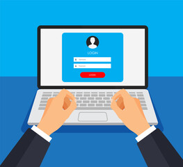Registration form and login form page on a monitor display. Hands are typing on computer keyboard. Vector template for your design. Website ui concept. Laptop mockup.