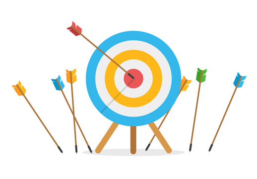 Business challenge failure concept. Lots arrows missed hitting target mark and only one hits the center. Shot miss. Failed inaccurate attempts to hit archery target. Vector illustration in front view.