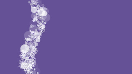 Falling snow with ultraviolet snowflakes. New Year backdrop. Winter frame for flyer, gift card, invitation, business offer and ad. Christmas trendy background. Holiday snowy banner with falling snow