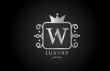 W monogram silver metal alphabet letter logo icon. Creative design with king crown for luxury company and business