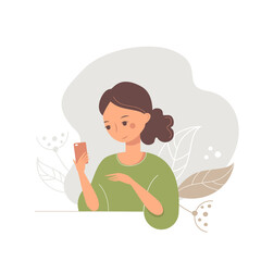Nice cartoon girl with a phone in her hand. Pretty young woman.
