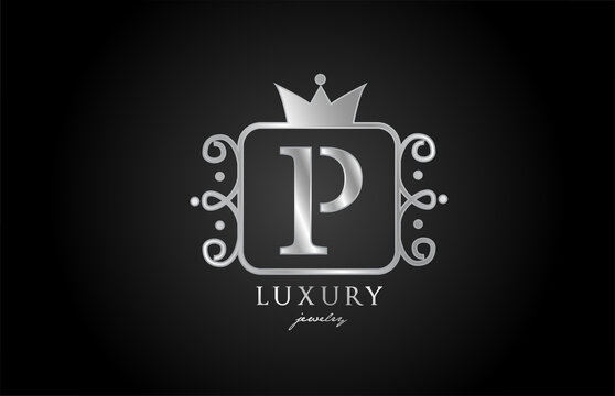 P monogram silver metal alphabet letter logo icon. Creative design with king crown for luxury company and business
