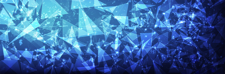 Abstract Blue background. Crystal structure. Bright glowing triangles. 3d broken glass peaces. Vector illustration