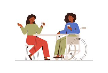 Girls spend time together. Two black woman talk at business meeting. Colleagues have coffee break. Disability female person drinks coffee with her friend. Vector illustration