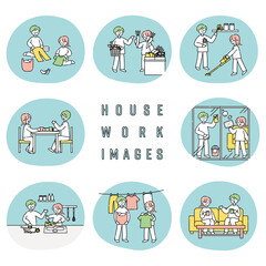 家事をする夫婦のイラストセット