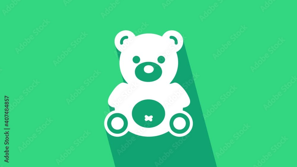 Poster White Teddy bear plush toy icon isolated on green background. 4K Video motion graphic animation.