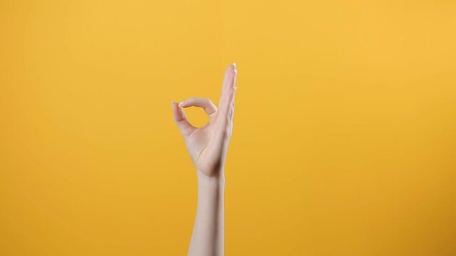 A woman's hand gracefully appears from below, shows her fingers the OK gesture, and sways. Yellow background. The concept of positive communication and gestures