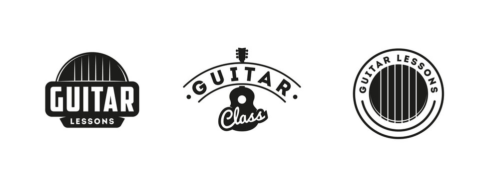 Set of guitar lessons graphics, logos, labels and badges.
