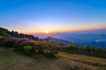 Fototapeta na wymiar Sunset Pha Chang Moo, Mae Sai District, Chiang Rai Province, 57130, Thailand, Asia