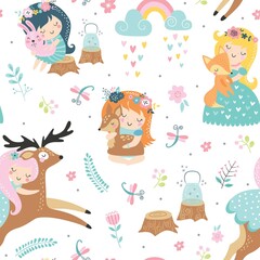 Childish seamless pattern with forest fairies and baby animals. Creative vector childish background for fabric, wrapping, textile, wallpaper, apparel