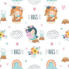 Childish seamless pattern with forest fairies and baby animals. Creative vector childish background for fabric, wrapping, textile, wallpaper, apparel