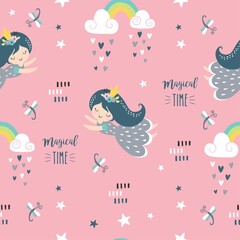 Childish seamless pattern with forest fairies and baby animals. Creative vector childish background for fabric, wrapping, textile, wallpaper, apparel