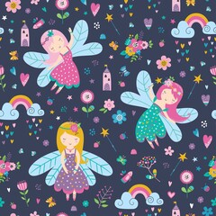 Vector seamless childish pattern with fairy, flowers, rainbow and other elements. Fairy with a magic wand vector illustration. Seamless pattern with cartoon fairy for kids, girl.