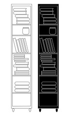 Tall vertical bookcase with a stack of books. Silhouette illustration, isolated on white background