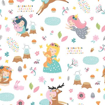 Childish seamless pattern with forest fairies and baby animals. Creative vector childish background for fabric, wrapping, textile, wallpaper, apparel