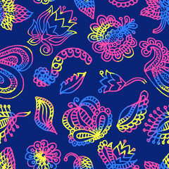 Fototapeta na wymiar Flower Seamless Pattern in Indian style. Colorful floral simple doodle pattern. Vector Indian background. Stylized flowers in Holi Hindu spring festival colours on a dark blue background. 