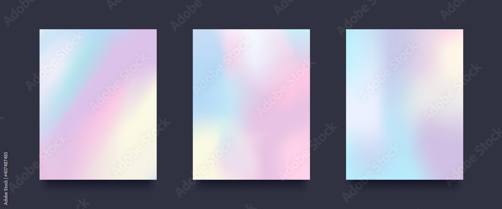 Poster holographic abstract gradient background. set of patterns on black background. vector illustration
