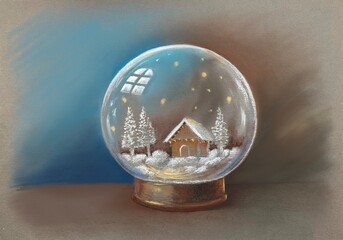 Handmade pastel drawing of snow globe for decoration, card or design