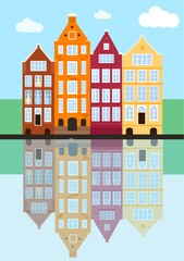 Fototapeta premium Amsterdam old house in the Dutch style. street in Amsterdam with traditional buildings, reflections in the water, blue sky. vector illustration in flat style.