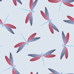 Dragonfly ornamental seamless pattern. Spring clothes textile print with damselfly insects. Flying