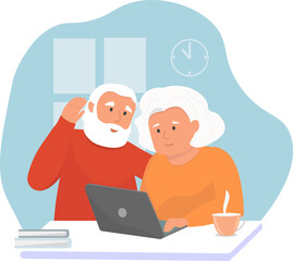 Couple of elderly pensioners sit in front of a laptop and chat with their family. The concept of communication with the world during isolation and quarantine. Vector graphics
