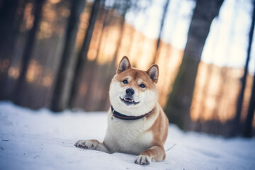 Portrait of an Shiba inu in the snow. Dog lying on the snowy ground . Sunlight shines trough the trees. Happy dog in winter
