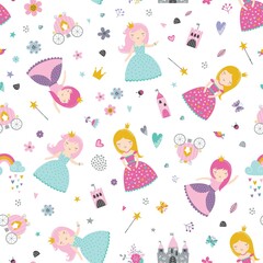 Childish seamless pattern with princess, castle, carriage in Scandinavian style. Creative vector childish background for fabric, wrapping, textile, wallpaper, apparel