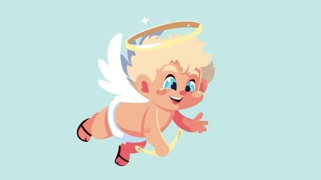 happy valentines day card with cupid angel flying