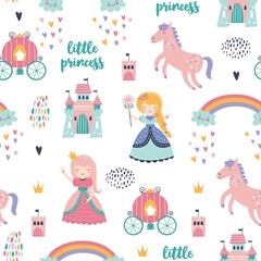 Childish seamless pattern with princess, castle, carriage in Scandinavian style. Creative vector childish background for fabric, wrapping, textile, wallpaper, apparel