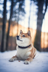 Portrait of an Shiba inu in the snow. Dog lying on the snowy ground . Sunlight shines trough the trees. Happy dog in winter