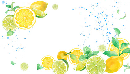 爽やかなシトラスとミントの水彩イラスト。2隅を装飾したフレームデザイン。バナー背景。レモンとライム。 © Keiko Takamatsu