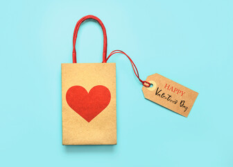 Shopping bag with a red heart and sale tag with text.Valentine day concept