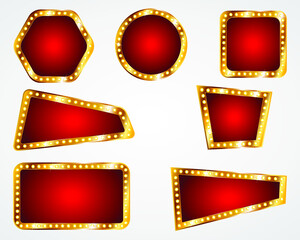 Electric bulbs billboard. Retro light frames. vector illustration.Gold frame with light bulbs on the background of the scene.