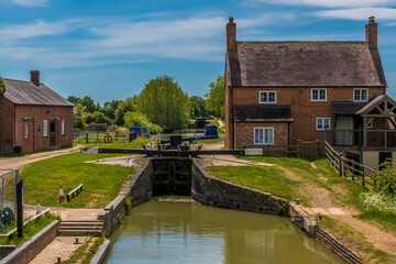 A view of  a flight of locks on the Oxford Canal at Napton, Warwickshire in summertime