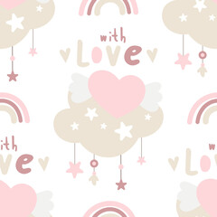 Seamless pattern for Valentines day design with boho heart, cloud, romantic elements. Lettering With love. Vector illustration for packaging. Pattern is cut, no clipping mask.