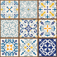 Collection of 9 colorful tiles. Seamless patchwork tile with Islam, Arabic, Indian, Ottoman motives. Majolica pottery tile, blue, yellow azulejo, original traditional Portuguese and Spain decor.