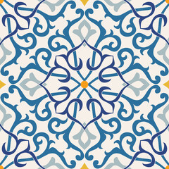 Seamless Damask pattern. Majolica pottery tile, colorful azulejo, original traditional Portuguese and Spain decor. Seamless pattern with Victorian motives. Vector illustration.