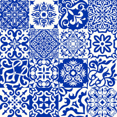 Set of 16 tiles Azulejos in blue, white. Original traditional Portuguese and Spain decor. Seamless patchwork tile with Victorian motives. Ceramic tile in talavera style. Gaudi mosaic. Vector