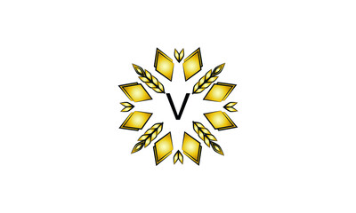 Decorative golden logo with geometric shapes and spikelets on a white background. Creative vector sign, illustration of emblem with letterA V. Eco emblem.