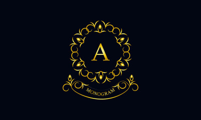Stylish decorative monogram with a possible inscription and the letter A. Exclusive gold logo on a dark background for a cafe, a symbol of business, restaurant, hotel, invitations, menus, labels, fash