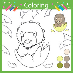 Coloring book pages. Activity colouring for kids. Drawing tutorial with cute baby dinosaur Triceratops. Children funny education riddle. Kids art game. Vector illustration.