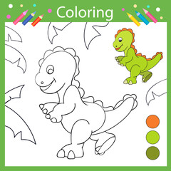 Coloring pages with cartoon dinosaur Tyrannosaurus. Kids education art game. Vector illustration.