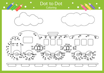 Dot to dots drawing worksheets. Coloring page for book. Drawing worksheets with a train. Children funny picture riddle. Drawing lesson. Activity art game for book. Vector illustration.