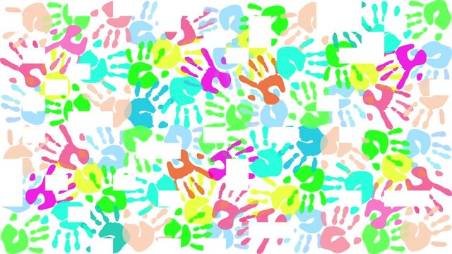 Animation. Colored prints of children's hands on a white background.