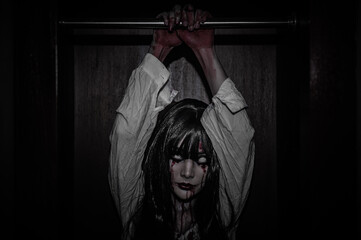 Portrait of asian woman make up ghost,Scary horror scene for background,Halloween festival...