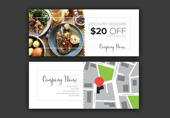 Restaurant Discount Voucher Card Layout with Photo and Map Placeholders